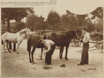 874385 Afbeelding van een hoefsmid aan het werk bij de maandelijkse paardenmarkt op de veemarktterreinen aan de ...